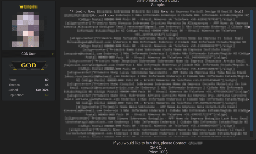 Figure 6. Ad selling a database belonging to a Brazilian IT company
