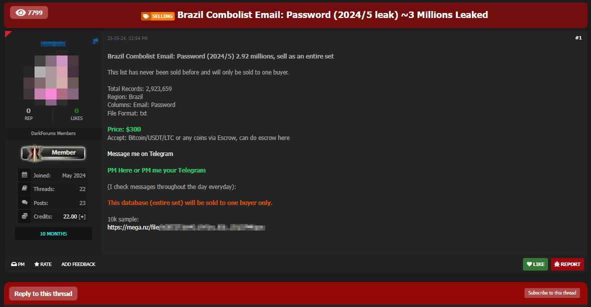 Figure 8. Ad offering a combolist with emails and passwords of Brazilian citizens