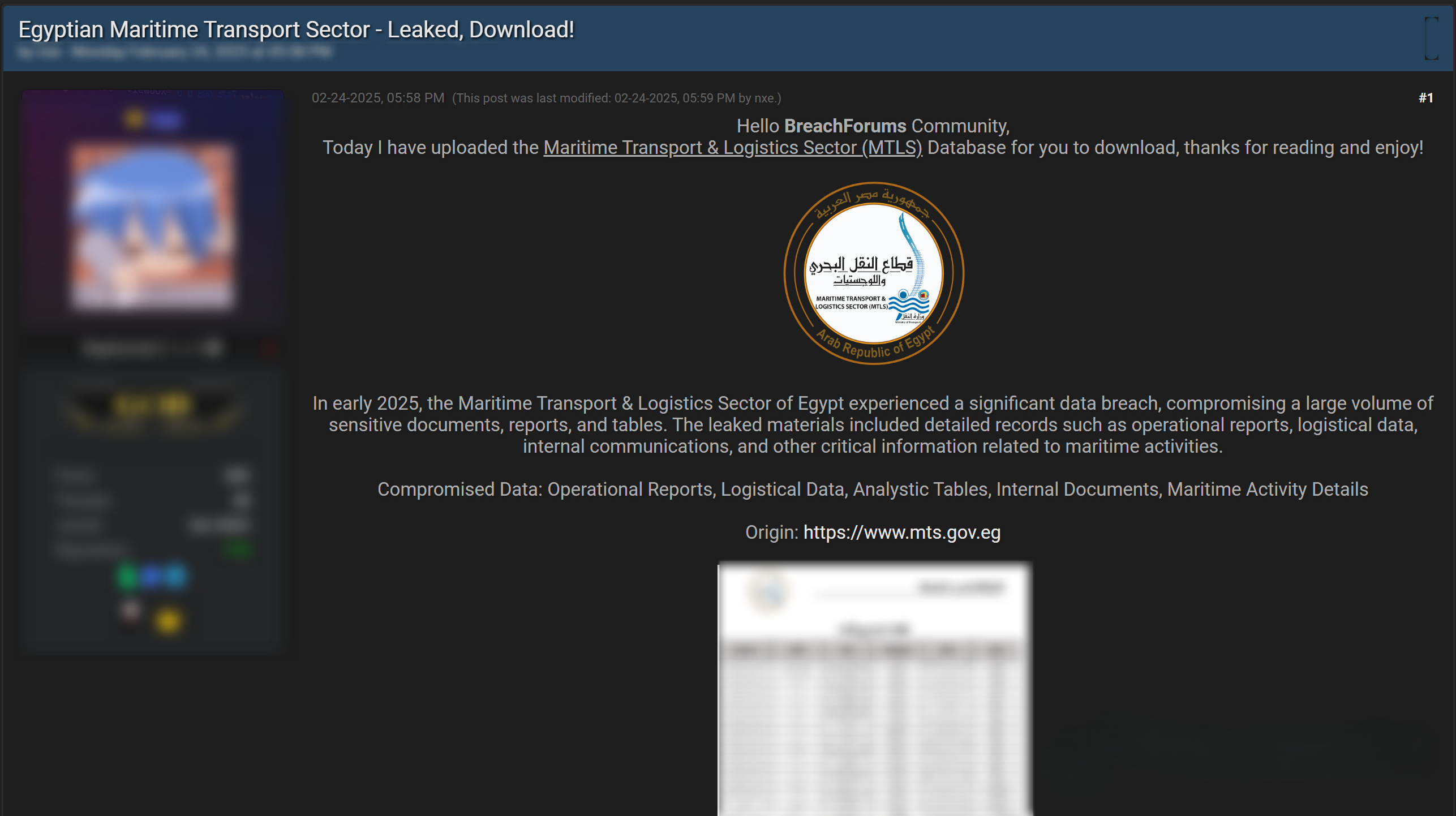 Figure 9. A dark web post offering the stolen data for free