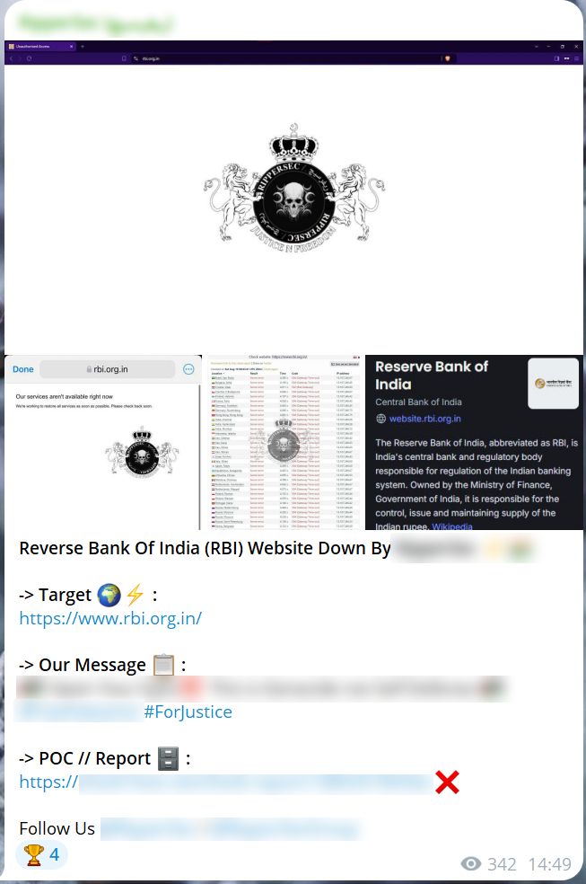 Рисунок 11. Заявление в телеграм-канале о DDoS-атаке на банк в Индии