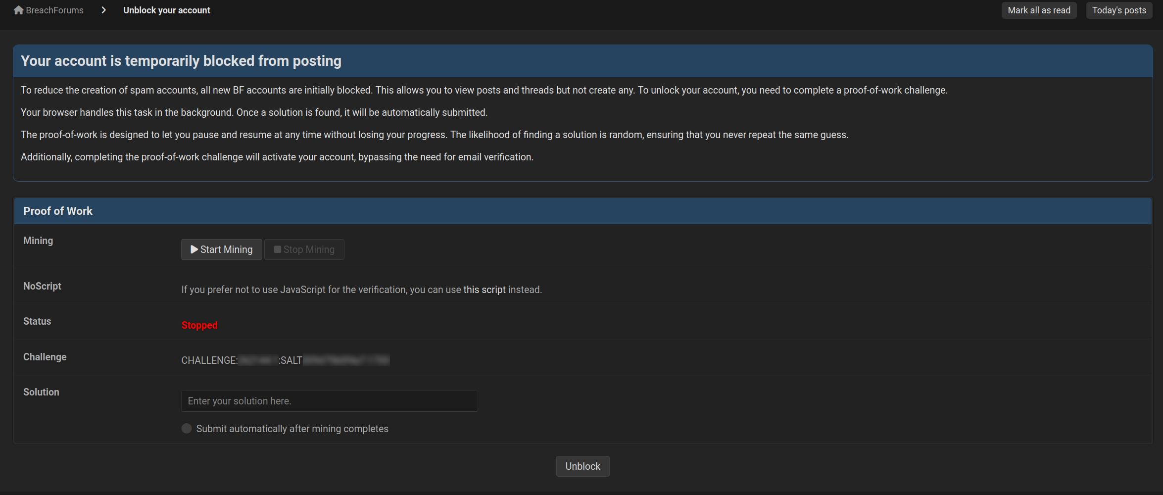 Figure 14. Example of a proof-of-work challenge used to unlock a BreachForums account