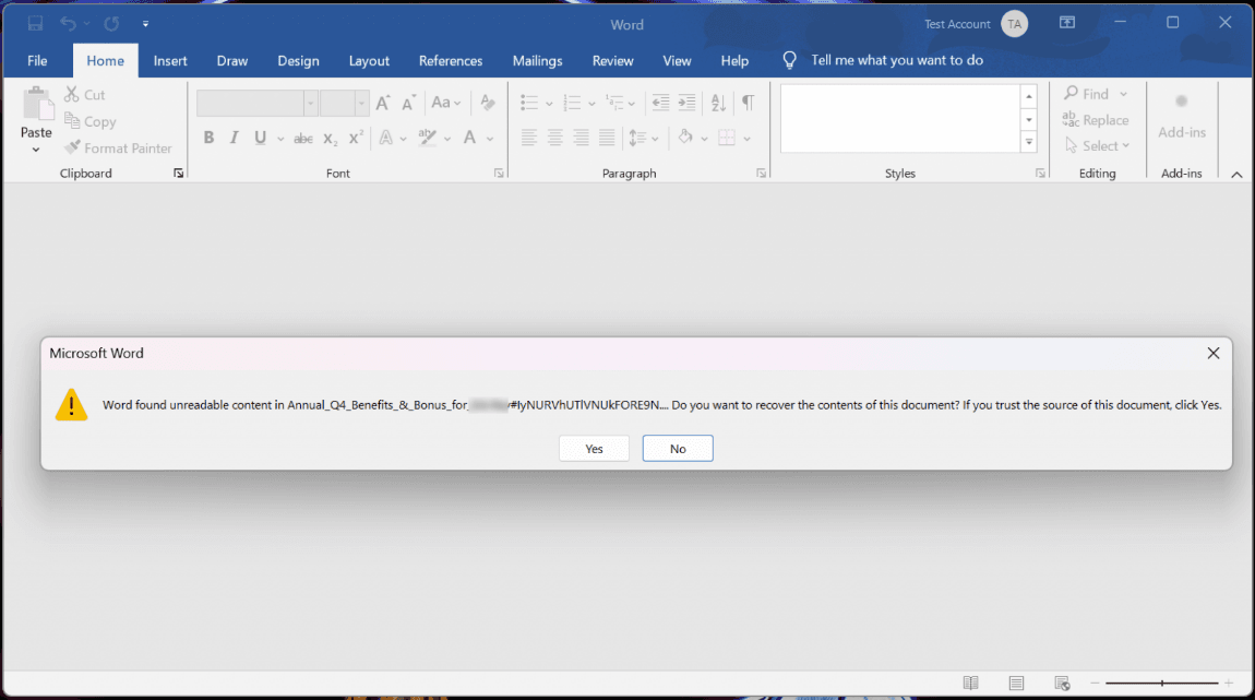 Рисунок 1. Сообщение о необходимости восстановления документа Microsoft Word (источник: Bleeping Computer)