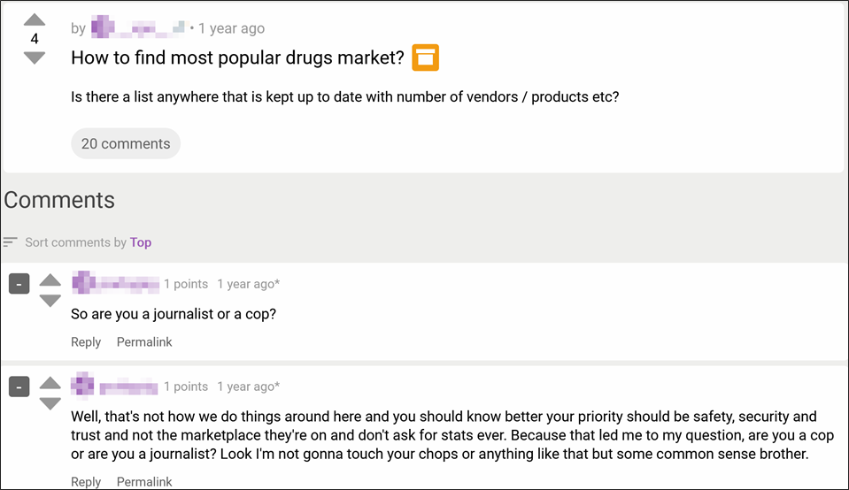 Figure 23. Comment thread discussing suspicious activity on a dark web forum