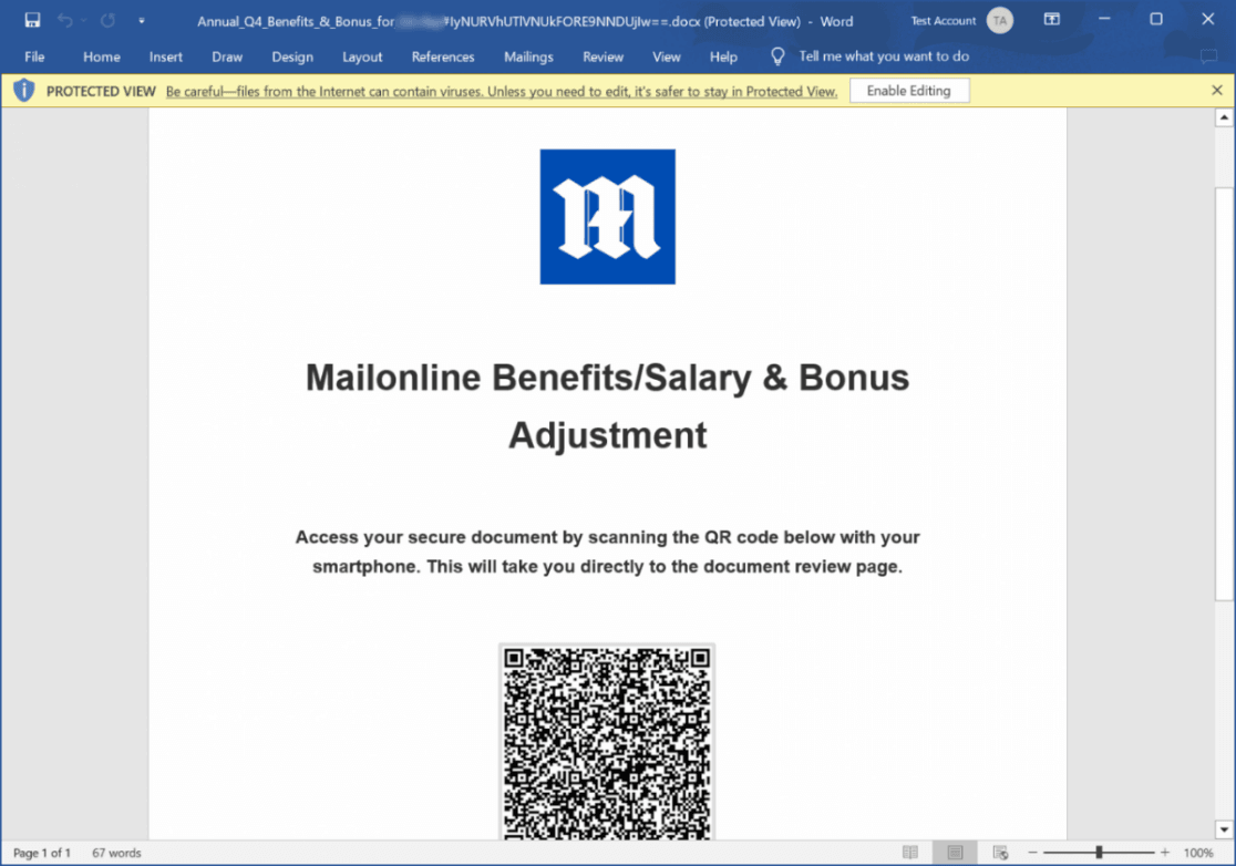 Рисунок 2. Восстановленный документ Microsoft Word с фишинговым QR-кодом (источник: Bleeping Computer)