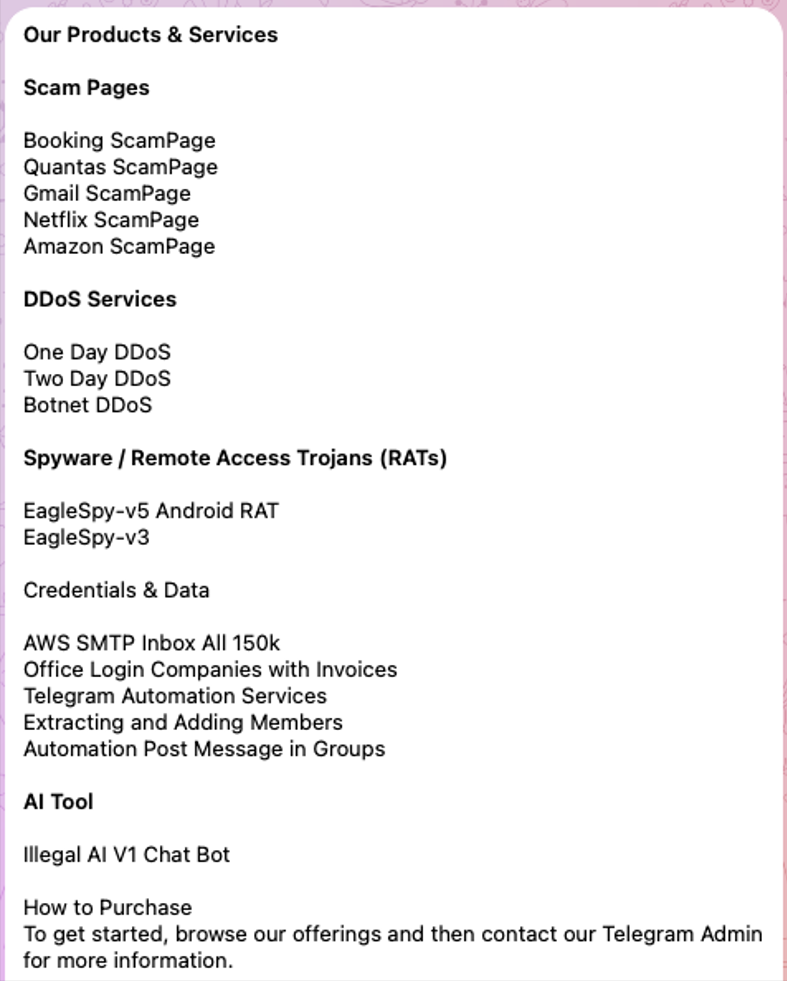 Figure 3. Example of a Telegram advertisement for cybercriminal services and malware