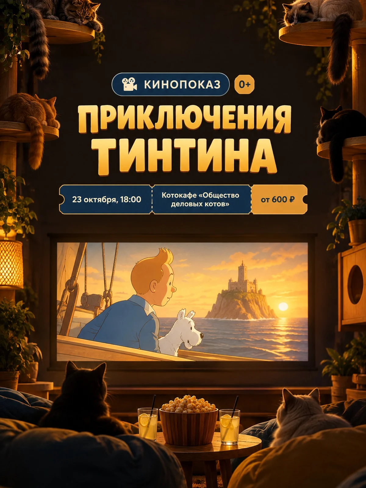 Кинопоказ «Приключения Тинтина» в котокафе
