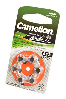 Camelion Zinc-Air A13-BP6 (0%Hg) BL6, элемент питания, батарейка