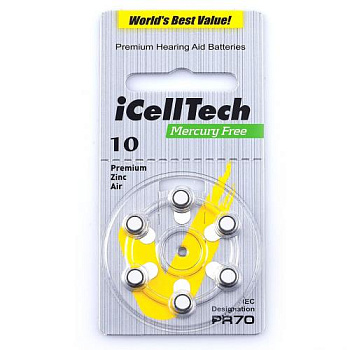 PR70 iCellTech, элемент питания, батарейка размера 10, напряжение 1,45 В, воздушно-цинковый, 6 шт. в блистере на картон-карте