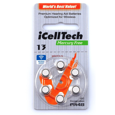 PR48 iCellTech, элемент питания, батарейка размера 10, напряжение 1,45 В, воздушно-цинковый, 6 шт. в блистере на картон-карте