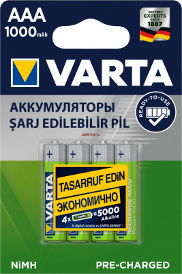 1000mAh аккумулятор AAA Varta Ni-Mh 4/card предзаряженный