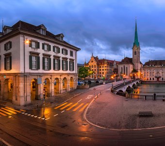 Panorama of Helmhaus and Fraumunster Church, Zurich