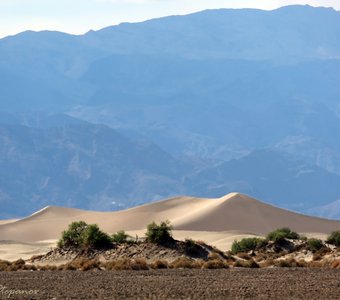 Песчаные дюны сквозь раскаленный воздух. Долина смерти