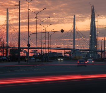 Sunset over Lakhta center, Gazprom, head office