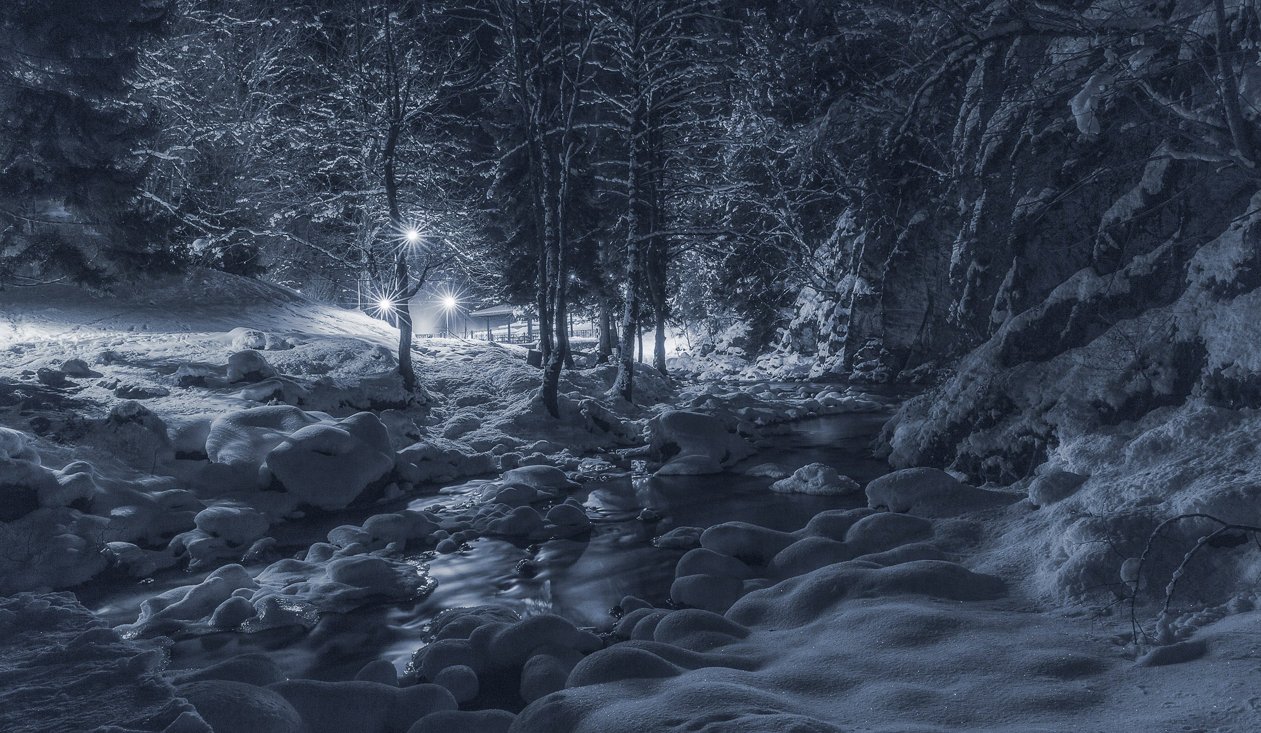 Серные источники в лесу ночью.Национальный парк Боржоми
