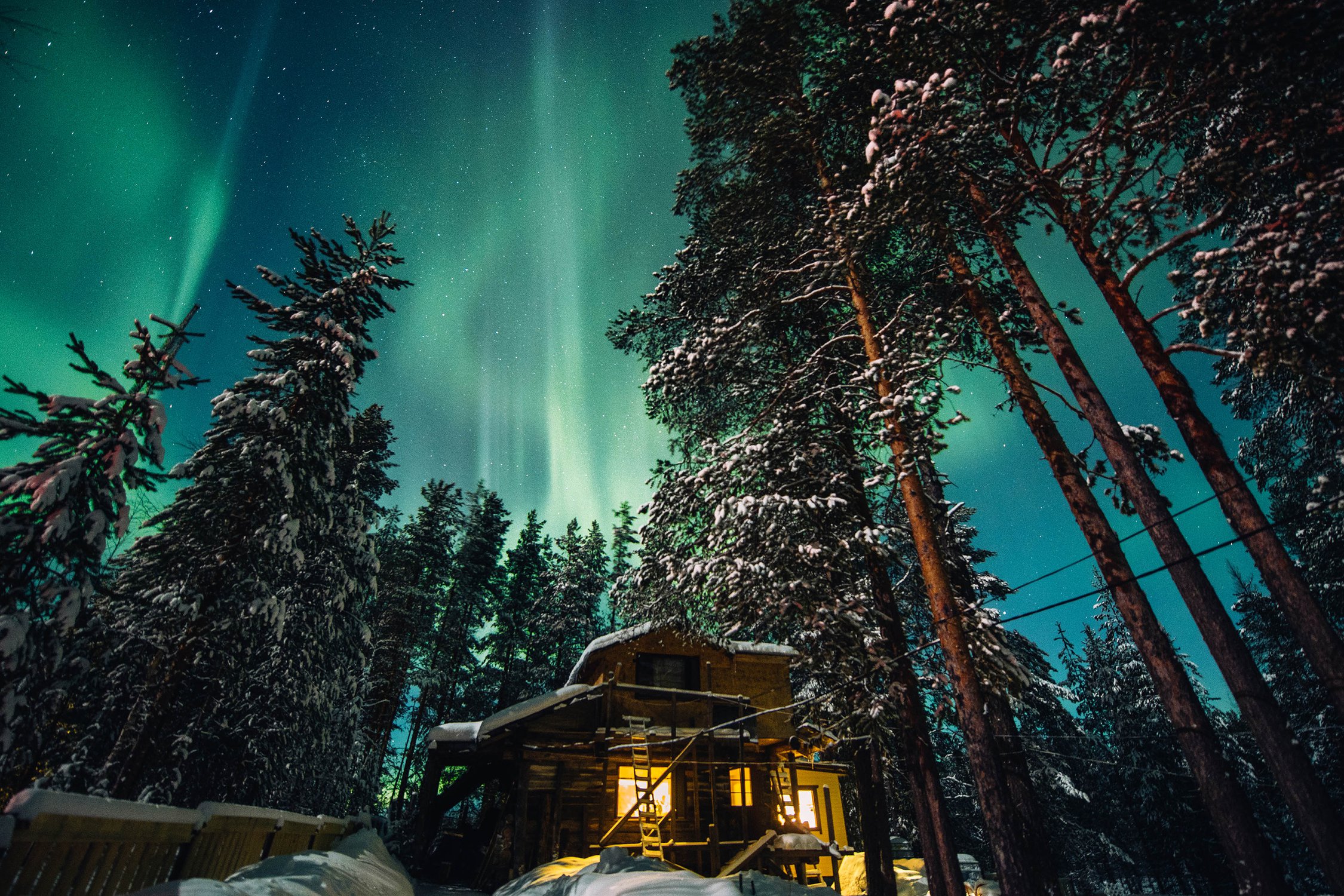 Сияние над домом в лесу.