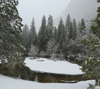 Заснеженный островок на реке Merced. Yosemite Valley
