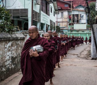 Бирманские монахи идут за утренним подношением