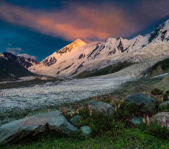Пакистан. Закат над горой Диран (7266м) и ледником Минапин