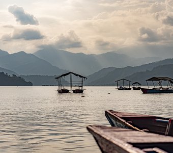 Lake, boats, mountains