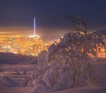 Вид на Мурманск с заснеженной сопки.