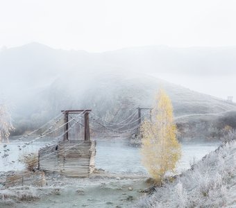 Нежное Алтайское осеннее утро: изморозь, туман