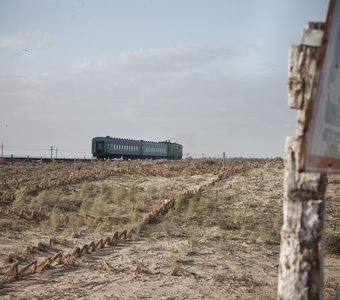 Поезд из двух вагонов. Кзылорда-Аральск, Казахстан.