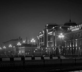 Чёрно-белый пейзаж ночного города