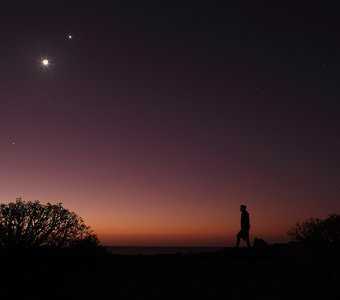Молодая Луна, Венера и Юпитер на предрассветном небе