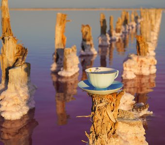 Чаепитие на розовом озере на закате