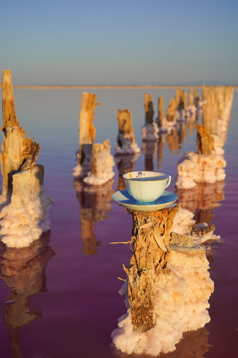 Чаепитие на розовом озере на закате