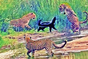 Эпичная битва медоеда с тремя леопардами попала на видео