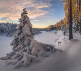 На заснеженный берег опускается вечер