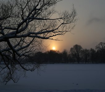 Зимний закат солнца над прудом