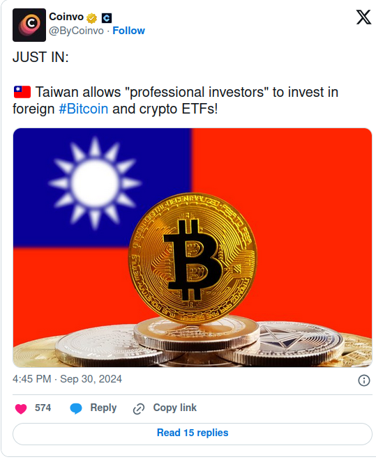 Taiwan FSC Greenlights Foreign Crypto ETFs for Professional Investors post image