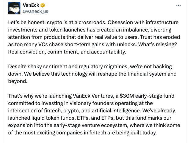 VanEck launches $30M ventures fund for crypto and AI post image