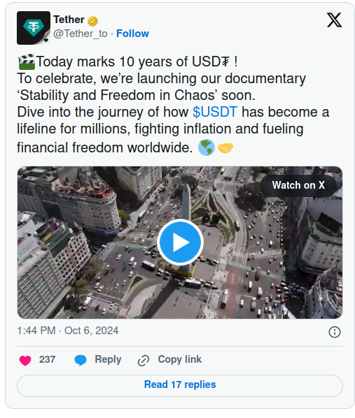 Tether unveils USDT documentary to celebrate 10-year milestone post image