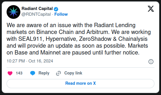 ETH, WBNB, USDC Stolen As Radiant Capital Suffers $50M Loss post image