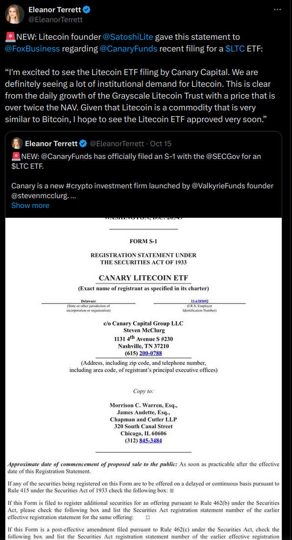 Litecoin Founder Comments On ETF Approval Following Canary Capital Filing post image