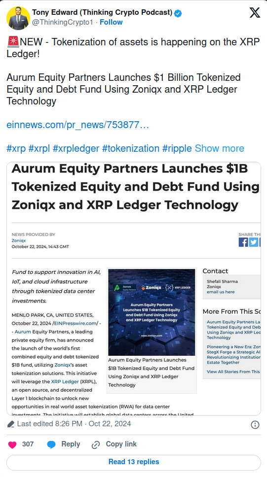 Aurum Equity Partners запустила фонд на $1 млрд, состоящий из токенизированных акций и долгов, на XRP Ledger