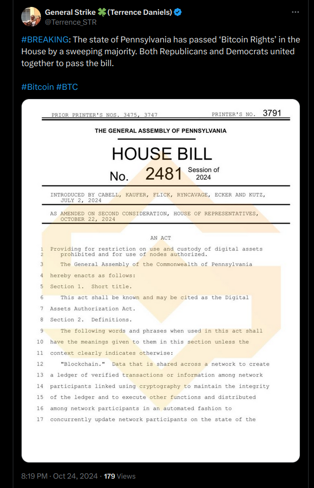 The Pennsylvania House of Representatives has passed House Bill 2481, also known as the Bitcoin Rights bill post image