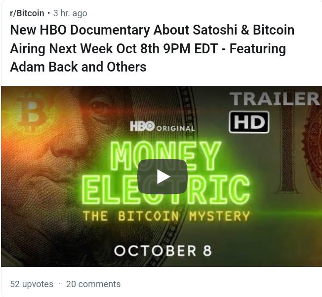 New HBO Documentary About Satoshi & Bitcoin Airing Next Week Oct 8th 9PM EDT post image