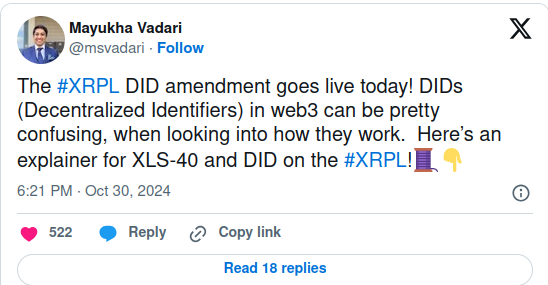 Decentralized Identifiers (DIDs) are now live on the XRP Ledger (XRPL) post image