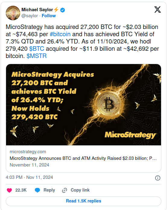 MicroStrategy Acquires 27200 BTC Worth $2.03 Billion post image