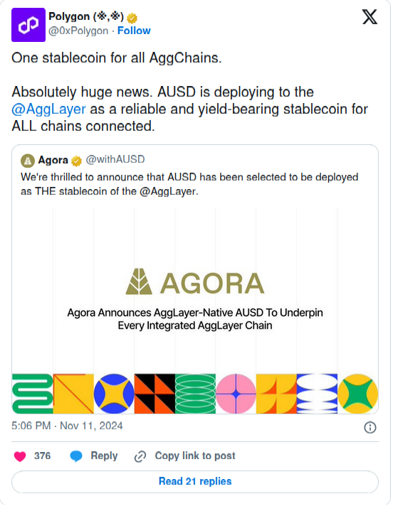 Agora's AUSD Becomes Native Currency on Polygon’s AggLayer Network post image