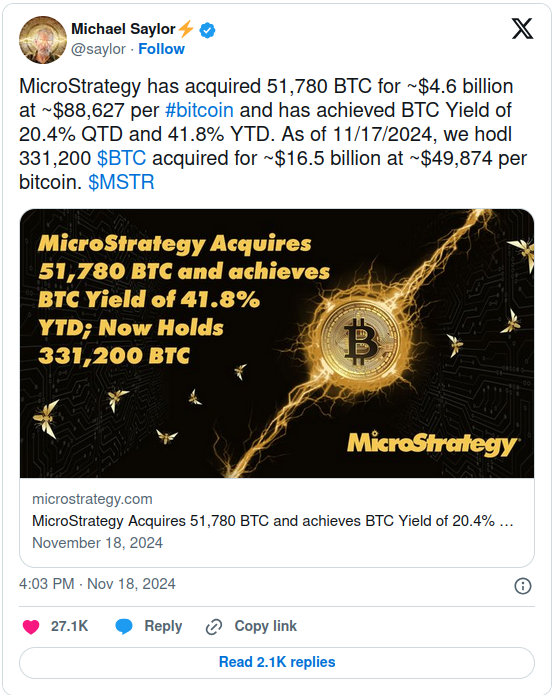 MicroStrategy purchased an additional 51,780 Bitcoins for $4.6 billion; Crypto mining giant Marathon plans $700m convertible note to buy Bitcoin post image