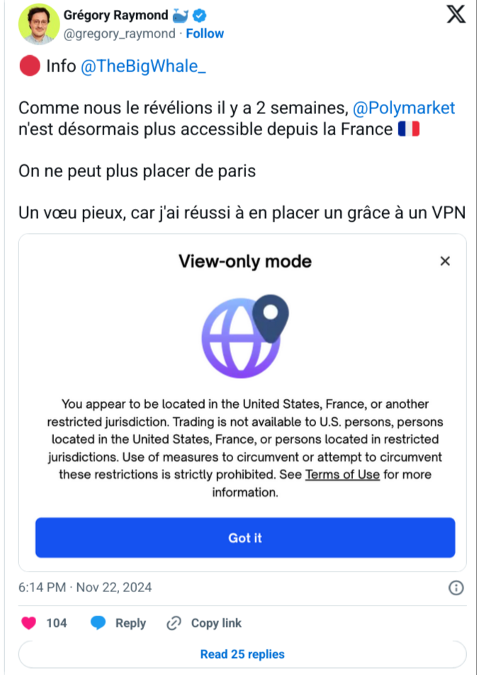 Polymarket blocks French users amid gambling law investigation post image