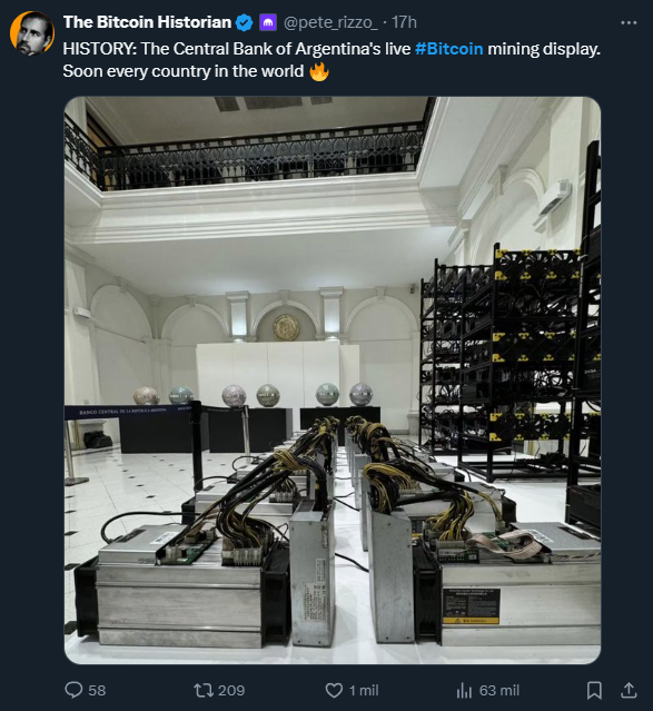 Argentina's Central Bank Showcases Live Bitcoin Mining as Part of Art Exposition post image