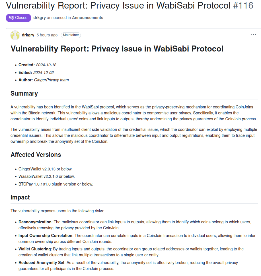 Wabisabi Deanonymization Vulnerability "Disclosed" post image