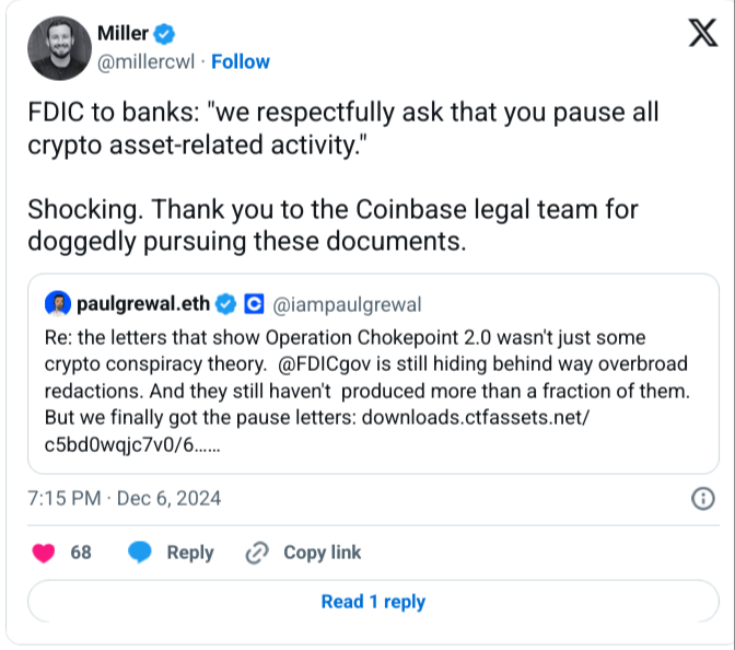 Coinbase文件显示，美国政府告诉银行镇压加密货币 post image