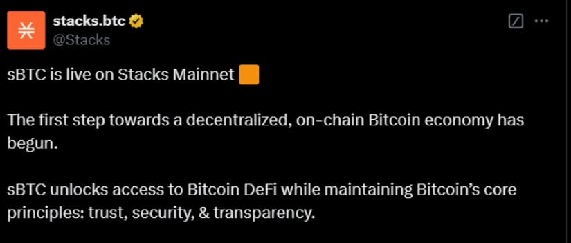 sBTC Goes Live on Stacks Mainnet with Bitcoin-Backed Liquidity post image